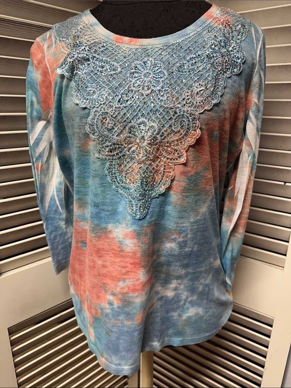 Reba Blue and Coral Tie-Dye Long Sleeve Lace Appliqué Top